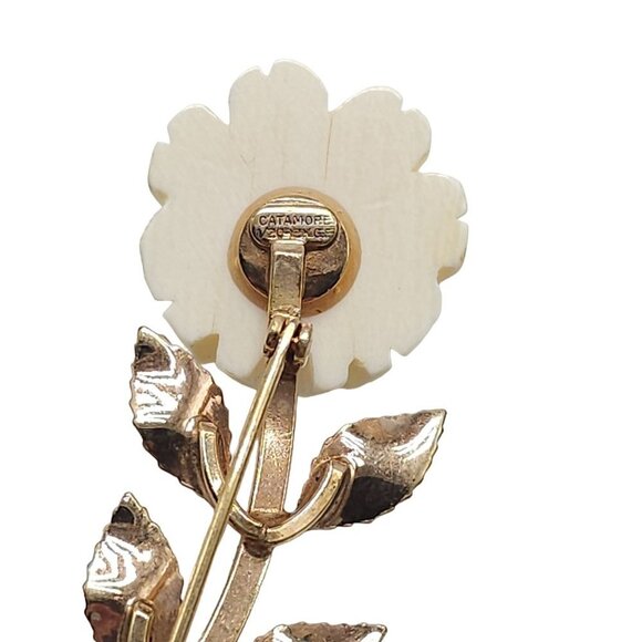 Catamore 1/20 12k Gf Gold Filled Leaves Carved Rose Flower Brooch Pin Vintage - Picture 3 of 4